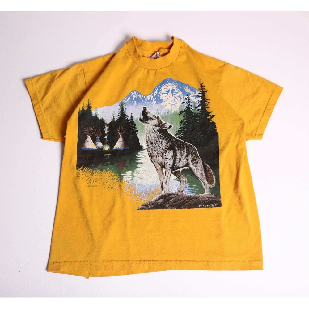 Vintage Hanes Kids Howling Wolf T-Shirt Yellow Mike Patrick Air Waves L 14-16